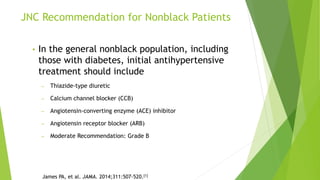 JNC Recommendation for Nonblack Patients
• In the general nonblack population, including
those with diabetes, initial antihypertensive
treatment should include
– Thiazide-type diuretic
– Calcium channel blocker (CCB)
– Angiotensin-converting enzyme (ACE) inhibitor
– Angiotensin receptor blocker (ARB)
– Moderate Recommendation: Grade B
James PA, et al. JAMA. 2014;311:507-520.[1]
 