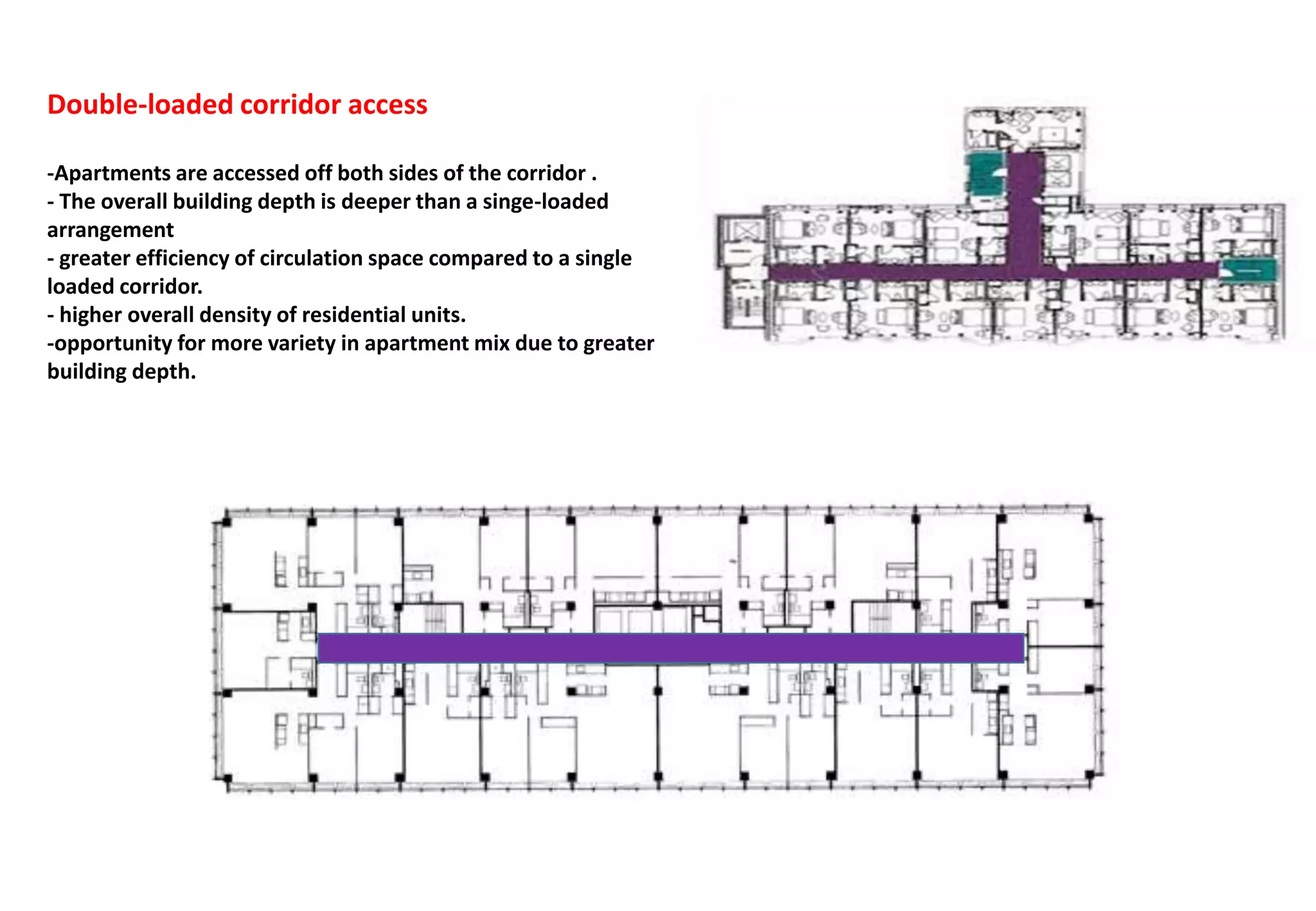 Double-loaded corridor access
-Apartments are accessed off both sides of the corridor .
- The overall building depth is deeper than a singe-loaded
arrangement
- greater efficiency of circulation space compared to a single
loaded corridor.
- higher overall density of residential units.
-opportunity for more variety in apartment mix due to greater
building depth.
 