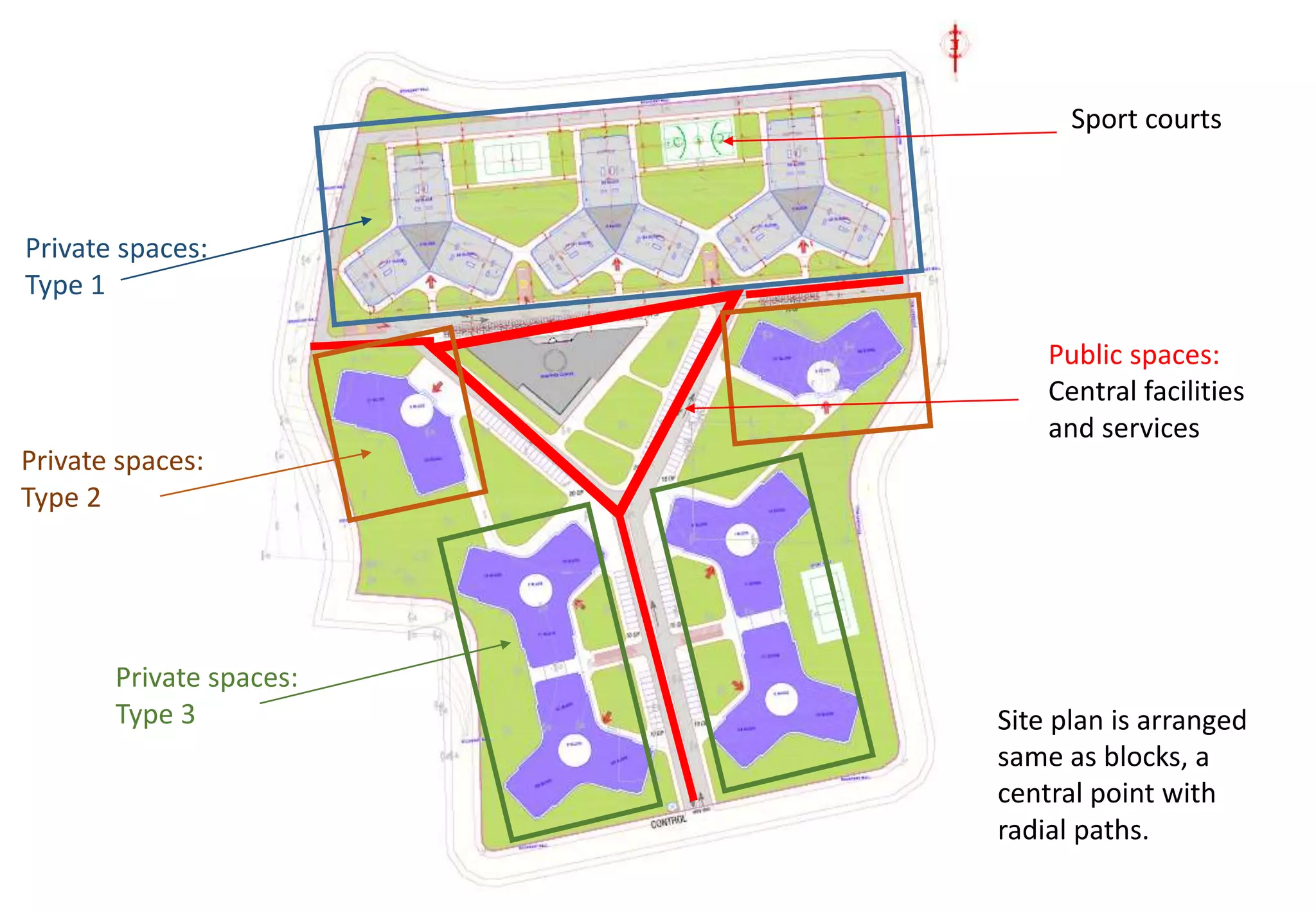 Private spaces:
Type 3
Public spaces:
Central facilities
and services
Site plan is arranged
same as blocks, a
central point with
radial paths.
Sport courts
Private spaces:
Type 2
Private spaces:
Type 1
 