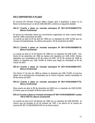 XIV.2 DEPOSITOS A PLAZO
El Coronel EP Winston Enrique Alfaro Vargas abre 5 depósitos a plazo en el
Banco Continental por un tal de US$ 260,000, conforme al siguiente detalle:
XIV.2.1 Cuenta a plazo en moneda extranjera Nº 0011-0178-0300013715,
Banco Continental
El banco ha informado sobre los movimientos registrados en esta cuenta desde
abril de 1998 a diciembre de 2000.
La cuenta se abre el 02 de abril de 1998 con un depósito de US$ 10,000 que se
renueva trimestralmente. Su última renovación, 26 de diciembre de 2000.
XIV.2.2 Cuenta a plazo en moneda extranjera Nº 0011-0195-0300006118,
Banco Continental
La cuenta se abre el 12 de febrero de 1998 con un depósito de US$ 5,000. Con
fecha 24 de setiembre de 1998 se realiza otro depósito por US$ 5,000. Ambos
depósitos son cancelados el 03 de marzo de 2001. El 02 de octubre de 1998 se
realiza un depósito por US$ 10,000 el mismo que luego es cancelado el 30 de
marzo de 2001.
XIV.2.3 Cuenta a plazo en moneda extranjera Nº 0011-0195-0300011677,
Banco Continental
Con fecha 17 de julio de 1999 se realiza un depósito por US$ 10,000, el cual fue
objeto de 6 renovaciones trimestrales por el mismo importe, siendo cancelado el
06 de marzo de 2001.
XIV.2.4 Cuenta a plazo en moneda extranjera Nº 0011-0195-0300017772,
Banco Continental
Esta cuenta se abre el 28 de diciembre de 2000 con un depósito de US$ 20,000,
el mismo que es anulado el 08 de enero de 2001.
XIV.2.5 Cuenta a plazo en moneda extranjera Nº 0011-0195-0300003631 (antes
195-2-705713), Banco Continental
La cuenta se abre el 01 de febrero de 1996 con un depósito de US$ 200,000, el
mismo que es anulado el 24 de octubre de 1997 y se abona en la cuenta de
ahorros Nº 0011-0195-0200321407 en el mismo banco.
102
 