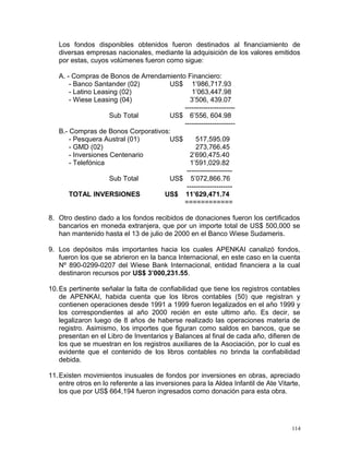 Los fondos disponibles obtenidos fueron destinados al financiamiento de
diversas empresas nacionales, mediante la adquisición de los valores emitidos
por estas, cuyos volúmenes fueron como sigue:
A. - Compras de Bonos de Arrendamiento Financiero:
- Banco Santander (02) US$ 1’986,717.93
- Latino Leasing (02) 1’063,447.98
- Wiese Leasing (04) 3’506, 439.07
----------------------
Sub Total US$ 6’556, 604.98
----------------------
B.- Compras de Bonos Corporativos:
- Pesquera Austral (01) US$ 517,595.09
- GMD (02) 273,766.45
- Inversiones Centenario 2’690,475.40
- Telefónica 1’591,029.82
--------------------
Sub Total US$ 5’072,866.76
--------------------
TOTAL INVERSIONES US$ 11’629,471.74
============
8. Otro destino dado a los fondos recibidos de donaciones fueron los certificados
bancarios en moneda extranjera, que por un importe total de US$ 500,000 se
han mantenido hasta el 13 de julio de 2000 en el Banco Wiese Sudameris.
9. Los depósitos más importantes hacia los cuales APENKAI canalizó fondos,
fueron los que se abrieron en la banca Internacional, en este caso en la cuenta
Nº 890-0299-0207 del Wiese Bank Internacional, entidad financiera a la cual
destinaron recursos por US$ 3’000,231.55.
10.Es pertinente señalar la falta de confiabilidad que tiene los registros contables
de APENKAI, habida cuenta que los libros contables (50) que registran y
contienen operaciones desde 1991 a 1999 fueron legalizados en el año 1999 y
los correspondientes al año 2000 recién en este ultimo año. Es decir, se
legalizaron luego de 8 años de haberse realizado las operaciones materia de
registro. Asimismo, los importes que figuran como saldos en bancos, que se
presentan en el Libro de Inventarios y Balances al final de cada año, difieren de
los que se muestran en los registros auxiliares de la Asociación, por lo cual es
evidente que el contenido de los libros contables no brinda la confiabilidad
debida.
11.Existen movimientos inusuales de fondos por inversiones en obras, apreciado
entre otros en lo referente a las inversiones para la Aldea Infantil de Ate Vitarte,
los que por US$ 664,194 fueron ingresados como donación para esta obra.
114
 