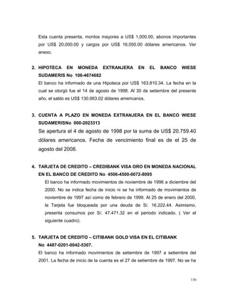 Esta cuenta presenta, montos mayores a US$ 1,000.00, abonos importantes
por US$ 20,000.00 y cargos por US$ 16,050.00 dólares americanos. Ver
anexo.
2. HIPOTECA EN MONEDA EXTRANJERA EN EL BANCO WIESE
SUDAMERIS No 106-4674682
El banco ha informado de una Hipoteca por US$ 163.810.34. La fecha en la
cual se otorgó fue el 14 de agosto de 1998. Al 30 de setiembre del presente
año, el saldo es US$ 130.063.02 dólares americanos.
3. CUENTA A PLAZO EN MONEDA EXTRANJERA EN EL BANCO WIESE
SUDAMERISNo 000-2023313
Se apertura el 4 de agosto de 1998 por la suma de US$ 20.759.40
dólares americanos. Fecha de vencimiento final es de el 25 de
agosto del 2008.
4. TARJETA DE CREDITO – CREDIBANK VISA ORO EN MONEDA NACIONAL
EN EL BANCO DE CREDITO No 4506-4500-0072-8095
El banco ha informado movimientos de noviembre de 1996 a diciembre del
2000. No se indica fecha de inicio ni se ha informado de movimientos de
noviembre de 1997 así como de febrero de 1999. Al 25 de enero del 2000,
la Tarjeta fue bloqueada por una deuda de S/. 16.222.44. Asimismo,
presenta consumos por S/. 47.471.32 en el periodo indicado. ( Ver el
siguiente cuadro).
5. TARJETA DE CREDITO – CITIBANK GOLD VISA EN EL CITIBANK
No 4487-0201-0042-5307.
El banco ha informado movimientos de setiembre de 1997 a setiembre del
2001. La fecha de inicio de la cuenta es el 27 de setiembre de 1997. No se ha
136
 