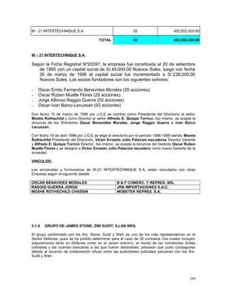 W - 21 INTERTECHNIQUE S.A. 02 402,052,420.00
TOTAL 02 402,052,420.00
W – 21 INTERTECHNIQUE S.A.
Según la Ficha Registral Nº20397, la empresa fue constituida el 20 de setiembre
de 1995 con un capital social de S/.44,000.00 Nuevos Soles, luego con fecha
26 de marzo de 1996 el capital social fue incrementado a S/.236,000.00
Nuevos Soles. Los socios fundadores son los siguientes señores:
- Oscar Emilo Fernando Benavides Morales (20 acciones)
- Oscar Ruben Muelle Flores (20 acciones)
- Jorge Alfonso Raggio Guerra (02 acciones)
- Oscar Ivan Barco Lecussan (02 acciones)
Con fecha 15 de marzo de 1996 por J.G.E se nombra como Presidente del Directorio al señor
Moshe Rothschild y como Director al señor Alfredo E. Quispe Torrico. Así mismo, se acepta la
renuncia de los Directores Oscar Benavides Morales, Jorge Raggio Guerra e Ivan Barco
Lecussan.
Con fecha 18 de abril 1996 por J.G.E se elige el directorio por el periodo 1996-1999 siendo Moshe
Rothschild Presidente del Directorio, Víctor Ernesto Julio Palacios escuderos Director Gerente
y Alfredo E. Quispe Torrico Director. Así mismo, se acepta la renuncia del Gerente Oscar Ruben
Muelle Flores y se designa a Víctor Ernesto Julio Palacios escudero como nuevo Gerente de la
sociedad.
VINCULOS:
Los accionistas y funcionarios de W-21 INTERTECHNIQUE S.A. están vinculados con otras
Empresa según el siguiente detalle:
OSCAR BENAVIDES MORALES B & F COMERC. Y REPRES. SRL
RAGGIO GUERRA JORGE JRB IMPORTACIONES S.A.C.
MOSHE ROTHSCHILD CHASSIN MOBETEK REPRES. S.A.
5.1.4 GRUPO DE JAMES STONE, ZWI SUDIT, ILLAN WEIL
El grupo conformado por los Srs. Stone, Sudit y Weil, es uno de los más representativos en el
Sector Defensa, pues se ha podido determinar para el caso de 32 contratos (los cuales incluyen
adquisiciones tanto en Defensa como en el sector Interior), el monto de las comisiones ilícitas
cobradas y las cuentas bancarias a las que fueron destinadas; precisión que pudo conseguirse
debido al acuerdo de colaboración eficaz entre las autoridades judiciales peruanas con los Srs.
Sudit y Weil.
299
 