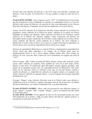 El único que tenía oficiales del Ejército er ala UCT, todos eran oficiales, comandos del
Ejército y eran los jefes, los instructores y los que estaban a cargo de cada uno de su
grupo...
El señor RUIZ AGÜERO.- Voyy a empezar con la “UCT” la Unidad Contra el terrorismo
que fue formada por lo de la embajada, los oficiales, el comandante Cáceres y el resto de
oficiales todos eranm del Ejército o la mayoría de ellos eran diplomados en las Fuerzas
Especiales del Ejército, Comandos. El personal de suboficiales si era de la Policía.
Tenían (la UCT) vehículos de la Policía las cherokee, tenian vehículos de la Policía los
patrulleros, tenían vehículos de la Policía las motos, vehículos de la policía las Nissan
Pathfinder las últimas que llegaron, tenían vehículos del Ejército los Comancar, tenían
vehículos de la Marina dos vehículos anfibios, tenían armamento del Ejército los
Microgalil, tenían escudos antimotines de la Policía, tenían uniforme de la Fuerza Aérea,
tenían uniforme del Ejército, tenían uniforme de la Policía. Por decir uniforme a
Montesinos le tocaba votar en Surco creo y justo ese colegio tenía bajo la seguridad a la
Fuerza Aérea, tenia que dar la seguridad la Fuerza Aérea a ese colegio.
Entonces la seguridad de Montesinos se vestía de Policía y reemplazaba la seguridad de la
Fuerza Aérea que daba seguridad a ese colegio. De la Policía igual, para los
desplazamientos hacia el sur o hacia alguna entidad estatal, ellos iban vestidos de
policías, de civil, con terno. Más o menos ese era el armamento, los equipos que tenía la
“UCT”.
Ahora el grupo “Alfil” estaba al mando del Mayor Montes, tenían todos vehículos civiles
toyota, todos vehículos de segunda, todos andaban de civil con el pelo largo, barba,
bigotes, lo que fuere. El armamento igual Microgalil, pistolas algunas granadas, todo
propio de la seguridad, porque ellos era seguridad personal de Montesinos, iban todos
dentro de los vehículos...todos los vehículos civiles que no eran del Estado, estaban a
nombre de oficiales, se compraban los vehículos en cualquier tienda o en cualquier sitio
donde vendieran vehículos de segunda. Bueno, y eran encargados de la propia seguridad
de Montesinos ¿no?
El grupo “Omega” tenía vehículos Cherokee eran de la Policía, todos eran oficiales y
suboficiales eran de la Policía y estaban encargados sólo de dar protección a la familia
del doctor Montesinos, a la señora Trinidad Becerra, a sus hijas Samantha...
El señor ZUMAETA FLORES.- Ahora, todo este personal de estos diferentes grupos, el
grupo “Júpiter”, el grupo “Alfil”, el grupo “Omega” ¿cuál es su situación hoy día, donde
se encuentran ellos?...
El señor RUIZ AGÜERO.- Sí con algunos de ellos me he encontrado porque son como
500 suboficiales de la policía o 400, son igual número del Ejército...algunos policías se
encuentran en comisarias de Lima”.244
244
Transcripciones Magnetofónicas 5 de abril de 2002. Páginas 4, 5, 6, 7, 8,9
463
 