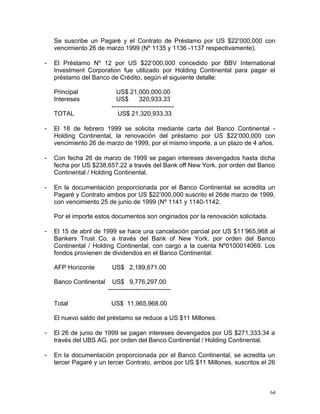 Se suscribe un Pagaré y el Contrato de Préstamo por US $22’000,000 con
vencimiento 26 de marzo 1999 (Nº 1135 y 1136 -1137 respectivamente).
- El Préstamo Nº 12 por US $22’000,000 concedido por BBV International
Investment Corporation fue utilizado por Holding Continental para pagar el
préstamo del Banco de Crédito, según el siguiente detalle:
Principal US$ 21,000,000.00
Intereses US$ 320,933.33
------------------------------
TOTAL US$ 21,320,933.33
- El 18 de febrero 1999 se solicita mediante carta del Banco Continental -
Holding Continental, la renovación del préstamo por US $22’000,000 con
vencimiento 26 de marzo de 1999, por el mismo importe, a un plazo de 4 años.
- Con fecha 26 de marzo de 1999 se pagan intereses devengados hasta dicha
fecha por US $238,657.22 a través del Bank off New York. por orden del Banco
Continental / Holding Continental.
- En la documentación proporcionada por el Banco Continental se acredita un
Pagaré y Contrato ambos por US $22’000,000 suscrito el 26de marzo de 1999,
con vencimiento 25 de junio de 1999 (Nº 1141 y 1140-1142.
Por el importe estos documentos son originados por la renovación solicitada.
- El 15 de abril de 1999 se hace una cancelación parcial por US $11’965,968 al
Bankers Trust Co. a través del Bank of New York. por orden del Banco
Continental / Holding Continental, con cargo a la cuenta Nº0100014069. Los
fondos provienen de dividendos en el Banco Continental:
AFP Horizonte US$ 2,189,671.00
Banco Continental US$ 9,776,297.00
------------------------------
Total US$ 11,965,968.00
El nuevo saldo del préstamo se reduce a US $11 Millones.
- El 26 de junio de 1999 se pagan intereses devengados por US $271,333.34 a
través del UBS AG. por orden del Banco Continental / Holding Continental.
- En la documentación proporcionada por el Banco Continental, se acredita un
tercer Pagaré y un tercer Contrato, ambos por US $11 Millones, suscritos el 26
64
 