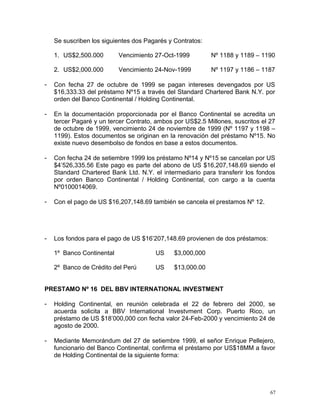 Se suscriben los siguientes dos Pagarés y Contratos:
1. US$2,500.000 Vencimiento 27-Oct-1999 Nº 1188 y 1189 – 1190
2. US$2,000.000 Vencimiento 24-Nov-1999 Nº 1197 y 1186 – 1187
- Con fecha 27 de octubre de 1999 se pagan intereses devengados por US
$16,333.33 del préstamo Nº15 a través del Standard Chartered Bank N.Y. por
orden del Banco Continental / Holding Continental.
- En la documentación proporcionada por el Banco Continental se acredita un
tercer Pagaré y un tercer Contrato, ambos por US$2.5 Millones, suscritos el 27
de octubre de 1999, vencimiento 24 de noviembre de 1999 (Nº 1197 y 1198 –
1199). Estos documentos se originan en la renovación del préstamo Nº15. No
existe nuevo desembolso de fondos en base a estos documentos.
- Con fecha 24 de setiembre 1999 los préstamo Nº14 y Nº15 se cancelan por US
$4’526,335.56 Este pago es parte del abono de US $16,207,148.69 siendo el
Standard Chartered Bank Ltd. N.Y. el intermediario para transferir los fondos
por orden Banco Continental / Holding Continental, con cargo a la cuenta
Nº0100014069.
- Con el pago de US $16,207,148.69 también se cancela el prestamos Nº 12.
- Los fondos para el pago de US $16’207,148.69 provienen de dos préstamos:
1º Banco Continental US $3,000,000
2º Banco de Crédito del Perú US $13,000.00
PRESTAMO Nº 16 DEL BBV INTERNATIONAL INVESTMENT
- Holding Continental, en reunión celebrada el 22 de febrero del 2000, se
acuerda solicita a BBV International Investvment Corp. Puerto Rico, un
préstamo de US $18’000,000 con fecha valor 24-Feb-2000 y vencimiento 24 de
agosto de 2000.
- Mediante Memorándum del 27 de setiembre 1999, el señor Enrique Pellejero,
funcionario del Banco Continental, confirma el préstamo por US$18MM a favor
de Holding Continental de la siguiente forma:
67
 