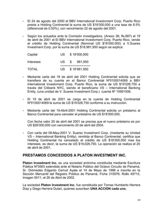 - El 24 de agosto del 2000 el BBV International Investvment Corp. Puerto Rico
presta a Holding Continental la suma de US $18’000,000 a una tasa de 8.5%
(diferencial de 0.50%), con vencimiento 22 de agosto del 2001.
- Según los actuados ante la Comisión investigadora, (Anexo 36; fls.887) el 19
de abril de 2001 el El BBV International Investvment Corp. Puerto Rico, vende
el crédito de Holding Continental (Nominal US $18’000,000) a V.Suares
Investment Corp. por la suma de US $18,981,950 según se explica:
Capital US $ 18’000,000
Intereses US $ 981,950
----------------------------
TOTAL US $ 18’981,950
- Mediante carta del 18 de abril del 2001 Holding Continental solicita que se
transfiera de su cuenta en el Banco Continental Nº0100014069 a BBV
International Investvment Corp. Puerto Rico, la suma de US $19’026,750 a
través del Citibank NYC, siendo el beneficiario VS – International Banking
Entity, (una unidad de V. Suares Investment Corp.) cuenta Nº 10991506.
- El 19 de abril de 2001 se carga en la cuenta de Holding Continental
Nº0100014069 la suma de US $19’026,750 conforme a su instrucción.
- Mediante carta del 19-Abril-2001 Holding Continental solicita un préstamo al
Banco Continental para cancelar el préstamo de US $18’000,000.
Con fecha valor 20 de abril del 2001 se precisa que el nuevo préstamo es por
US $26’000,000 con vencimiento 20 de abril del 2004.
- Con carta del 08-May-2001 V. Suarez Investment Corp. (mediante su Unidad
VS – International Banking Entity), remitida al Banco Continental, certifica que
Holding Continental ha cancelado el crédito de US $18’000,000 mas los
intereses, es decir, la suma de US $19,026,750. La operación se realiza el 20
de abril de 2001.
PRESTAMOS CONCEDIDOS A PLATON INVESTMENT INC.
Platon Investment Inc. es una sociedad anónima constituida mediante Escritura
Pública Nº3563 extendida ante el Notario Público del Octavo Circuito de Panamá,
Sr. Diómedes Edgardo Cerrud Ayala el 14 de Mayo de 1996 e inscrita en la
Sección Mercantil del Registro Público de Panamá, Ficha 315976; Rollo 49715,
Imagen 0011; el 26 de Abril de 2002.
La sociedad Platon Investment Inc. fue constituida por Tomas Humberto Herrera
Diaz y Diego Herrera Dutari, quienes suscriben UNA ACCION cada uno.
69
 