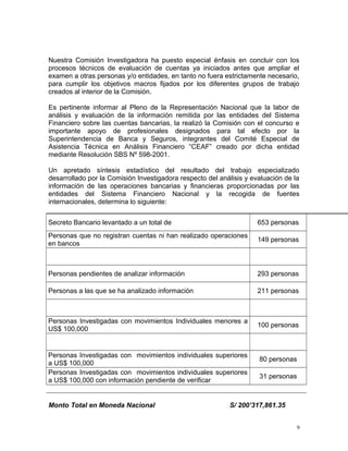 Nuestra Comisión Investigadora ha puesto especial énfasis en concluir con los
procesos técnicos de evaluación de cuentas ya iniciados antes que ampliar el
examen a otras personas y/o entidades, en tanto no fuera estrictamente necesario,
para cumplir los objetivos macros fijados por los diferentes grupos de trabajo
creados al interior de la Comisión.
Es pertinente informar al Pleno de la Representación Nacional que la labor de
análisis y evaluación de la información remitida por las entidades del Sistema
Financiero sobre las cuentas bancarias, la realizó la Comisión con el concurso e
importante apoyo de profesionales designados para tal efecto por la
Superintendencia de Banca y Seguros, integrantes del Comité Especial de
Asistencia Técnica en Análisis Financiero “CEAF” creado por dicha entidad
mediante Resolución SBS Nº 598-2001.
Un apretado síntesis estadístico del resultado del trabajo especializado
desarrollado por la Comisión Investigadora respecto del análisis y evaluación de la
información de las operaciones bancarias y financieras proporcionadas por las
entidades del Sistema Financiero Nacional y la recogida de fuentes
internacionales, determina lo siguiente:
Secreto Bancario levantado a un total de 653 personas
Personas que no registran cuentas ni han realizado operaciones
en bancos
149 personas
Personas pendientes de analizar información 293 personas
Personas a las que se ha analizado información 211 personas
Personas Investigadas con movimientos Individuales menores a
US$ 100,000
100 personas
Personas Investigadas con movimientos individuales superiores
a US$ 100,000
80 personas
Personas Investigadas con movimientos individuales superiores
a US$ 100,000 con información pendiente de verificar
31 personas
Monto Total en Moneda Nacional S/ 200’317,861.35
9
 