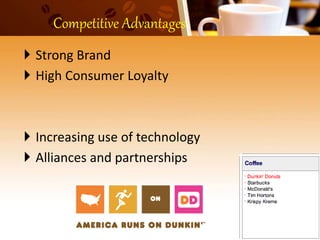 Competitive Advantages
 Strong Brand
 High Consumer Loyalty
 Increasing use of technology
 Alliances and partnerships
 