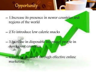 Opportunity
– 1.Increase its presence in newer countries and
regions of the world
– 2.To introduce low calorie snacks
– 3.Increase in disposable income of people in
developing countries
– 4.Increase its reach through effective online
marketing
 