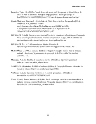 Guachucal- Nariño
66
Benavides Tapia, J. L. (2012). Plan de desarrollo municipal. Recuperado el 16 de Febrero de
2016, de Plan de desarrollo municipal: http://guachucal-narino.gov.co/apc-aa-
files/65336562376166613639303264653934/plan-de-desarrollo-guachucal-pdf.pdf
Conejo Municiapal Guachucal ;. (16 de Julio de 2006). Banco Medios. Recuperado el 10 de
Febrero de 2016, de Banco Medios:
http://cdim.esap.edu.co/BancoMedios/Documentos%20PDF/eot%20-
%20esquema%20ordenamiento%20territorial%20-%20guachucal%20-
%20nari%C3%B1o%20-2006%20-%202015.pdf
GONZALES, A. (s.f.). Nuevas percepciones del territorio, espacio social y el tiempo. Un estudio
desde los conceptos tradicionales hasta su concepción en el siglo XXI. P. Obtenido de
http://webiigg.sociales.uba.ar/iigg/jovenes_investigadores/6jornad
GONZALES, D. .. (s.f.). El municipio en México. Obtenido de
http://www.juridicas.unam.mx/publica/librev/rev/repjurad/cont/3/art/art2.pdf
MONTAÑEZ, G. (1998. ). Espacio, Territorio y Región: Conceptos básicos para un proyecto
nacional. . Revista del departamento de geografía de la Universidad Nacional de
Colombia., 121.
Municipal, A. (s.f.). Alcaldia de Guachucal-Nariño. Obtenido de http://www.guachucal-
narino.gov.co/normatividad_vigente.shtml
SANTOS, M. (Septiembre de 1986). Cuadernos Críticos de Geografía Humana. . Obtenido de
Espacio y método: http://www.ub.edu/geocrit/geo65.htm
VARGAS, G. (s.f.). Espacio y Territorio en el análisis geográfico. . Obtenido de
www.redalyc.org/pdf/729/72923937025.pdf
Virtual, E. (s.f.). Eumed. Obtenido de Política fiscal y estrategia como factor de desarrollo de la
mediana empresa comercial Sinaloense. Un estudio de caso.: http://www.eumed.net/tesis-
doctorales/2012/eal/metodologia_cuantitativa.htm
 