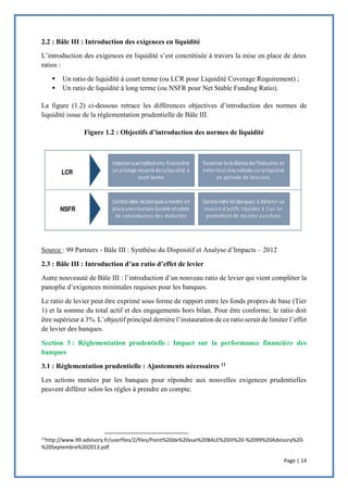 Page | 14
2.2 : Bâle III : Introduction des exigences en liquidité
L’introduction des exigences en liquidité s’est concrétisée à travers la mise en place de deux
ratios :
 Un ratio de liquidité à court terme (ou LCR pour Liquidité Coverage Requirement) ;
 Un ratio de liquidité à long terme (ou NSFR pour Net Stable Funding Ratio).
La figure (1.2) ci-dessous retrace les différences objectives d’introduction des normes de
liquidité issue de la réglementation prudentielle de Bâle III.
Figure 1.2 : Objectifs d’introduction des normes de liquidité
Source : 99 Partners - Bâle III : Synthèse du Dispositif et Analyse d’Impacts – 2012
2.3 : Bâle III : Introduction d’un ratio d’effet de levier
Autre nouveauté de Bâle III : l’introduction d’un nouveau ratio de levier qui vient compléter la
panoplie d’exigences minimales requises pour les banques.
Le ratio de levier peut être exprimé sous forme de rapport entre les fonds propres de base (Tier
1) et la somme du total actif et des engagements hors bilan. Pour être conforme, le ratio doit
être supérieur à 3%. L’objectif principal derrière l’instauration de ce ratio serait de limiter l’effet
de levier des banques.
Section 3 : Réglementation prudentielle : Impact sur la performance financière des
banques
3.1 : Réglementation prudentielle : Ajustements nécessaires 11
Les actions menées par les banques pour répondre aux nouvelles exigences prudentielles
peuvent différer selon les règles à prendre en compte.
11
http://www.99-advisory.fr/userfiles/2/files/Point%20de%20vue%20BALE%20III%20-%2099%20Advisory%20-
%20Septembre%202013.pdf
 