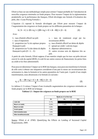 Page | 19
Elliott se base sur une méthodologie simple pour estimer l’impact probable de l’introduction de
nouvelles exigences minimales en fonds propres. Pour mesurer l’impact de la réglementation
prudentielle sur la performance des banques, Elliott développe une formule d’évaluation des
prêts, dite « Loan Pricing Formula ».
L’équation (1) reprend la formule développée par Elliott pour mesurer l’impact de
l’augmentation des exigences en fonds propres sur les différents paramètres de la banque :
𝐋 ( 𝟏 − 𝐭 ) ≥ (𝐄 × 𝐫𝐞) + [(𝐃 × 𝐫𝐝) + 𝐂 + 𝐀 − 𝐎)] × (𝟏 − 𝐭) (𝟏)
Avec:
L : taux d'intérêt effectif sur prêt
t : taux d’imposition
E : proportion (en %) de capitaux propres
finançant le prêt
D : proportion (en %) des dettes & dépôts
finançant le prêt (D = L – E)
re : taux de rendement exigé par les
investisseurs (ROE)
rd : taux d'intérêt effectif sur dettes & dépôts
C : spread sur crédit / coût du risque
A : dépenses administratives
O : autres revenus nets de dépenses liés au
prêt.
A partir de cette formule, Elliott suppose d’une manière simple que les taux sur prêts doivent
couvrir le coût du capital (ROE), le coût lié aux autres sources de financement, les pertes liées
au crédit et les frais administratifs.
Pour pouvoir déterminer l’impact sur le ROE des banques, nous pouvons transformer la formule
de telle sorte à obtenir une inéquation considérant d’une part le retour sur investissement des
actionnaires (re dans la formule) et les autres paramètres de l’autre part. A partir d’une simple
transformation, nous aboutissons à la formule (2) suivante :
𝐫𝐞 ≤
[𝐋 − (𝐃 × 𝐫𝐝) + 𝐂 + 𝐀 − 𝐎)] × (𝟏 − 𝐭)
𝐄
(𝟐)
Le tableau (1.1) retrace l’impact d’une éventuelle augmentation des exigences minimales en
fonds propres sur le ROE de la banque
Tableau 1.1 : Impact des exigences en fonds propres sur le ROE
Source: Elliott et al. (FMI): Quantifying the Effects on Lending of Increased Capital
Requirements, 2009.
 