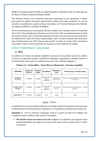 Page | 34
(BMCI), le Crédit du Maroc (CDM), le Crédit Immobilier et Hôtelier (CIH), le Crédit Agricole
du Maroc (CAM) et la Société Générale (SGM).
Nos données relatives aux institutions financières marocaines et aux paramètres à étudier
proviennent de rapports financiers réglementaires publiés par lesdits institutions. Ils ont été
recueillis essentiellement à partir des bases de données de l’Autorité Marocaine des Marchés
de Capitaux (AMMC) et de Bank-Al Maghrib.
Nous nous baserons pour la construction de notre modèle sur les données relatives à la période
2013-2014. Nous considérons les données issues de l’année 2013 essentiellement pour le calcul
des encours moyens. Pour le calcul des rendements moyens, nous nous reposons sur la moyenne
de rendement de l’année 2014 pour chaque banque à part. Ces deux éléments sont nécessaires
pour l’établissement d’un CPC bancaire prévisionnel. Le bilan de l’année 2014 constituerait
entre autres la base à varier en fonction des exigences et des contraintes du modèle
Section 2 : Etude d’impact : Aspect pratique
a) Bilan
Le tableau (2.2) retrace de manière simplifiée la structure de la première section du modèle.
L’annexe (1) reprend de manière simplifiée les différentes composantes et données relatives à
la section bilan, stock moyen et rendement issues de l’état « Banques agrégées ».
Tableau 2.2 : Section Bilan : Stock Moyen et Rendement : Structure simplifiée
Source : Auteurs
La définition d’un certain nombre d’éléments et variables relatifs à la première section nécessite
l’établissement d’un certain nombre d’hypothèses. Ces hypothèses sont présentées comme suit :
Hypothèse 1 : Tous les éléments composant l’actif et le passif du bilan de la banque sont
considérés comme variables à part entière à l’exception :
 Des intérêts courus non échus à recevoir / à payer : Ces éléments sont supposés varier
proportionnellement par rapport à la variation des autres actifs ou passifs liés à l’intérêt
en question.
POSITIONS
Exercice de
référence
Situation
étudiée
Stock Moyen
Rendement /
Coût
Produits perçus / Charges versées
ELEMENTS
D’ACTIF
En KDHS En KDHS
Moyenne des 2
colonnes
précédentes
Rendement de
l’actif (en %)
Stock moyen actif multiplié par le Rendement
de l’actif (%)
ELEMENTS DU
PASSIFS
En KDHS En KDHS
Moyenne des 2
colonnes
précédentes
Coût du passif
(en %)
Stock moyen passif multiplié par le coût du
passif (%)
HORS BILAN En KDHS En KDHS Néant Néant Néant
 