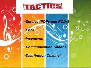 •Service (POPs and PODs)
•Price
•Incentives
•Communication Channel
•Distribution Channel
 