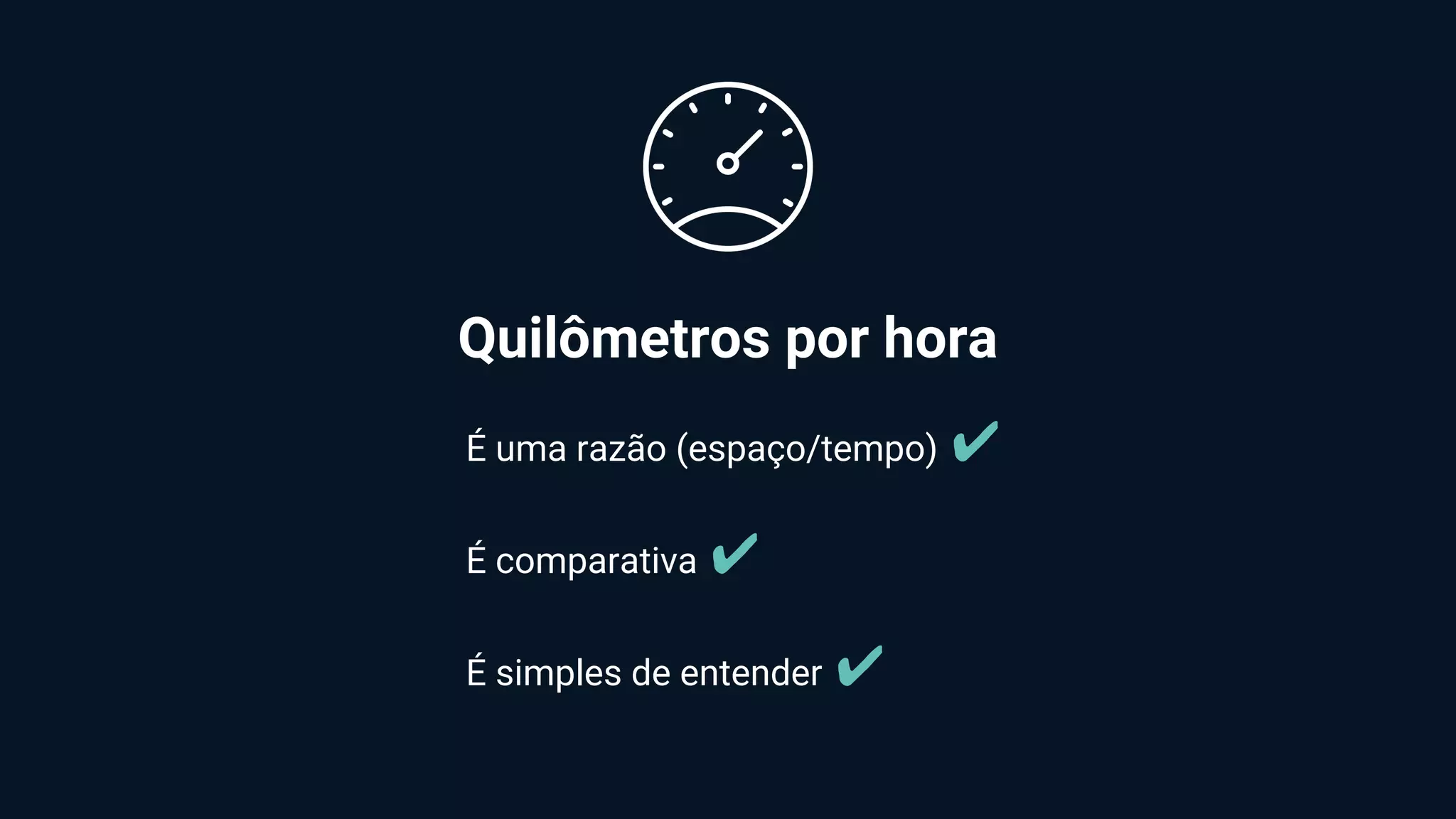 Quilômetros por hora
É uma razão (espaço/tempo) ✔
É comparativa ✔
É simples de entender ✔
 