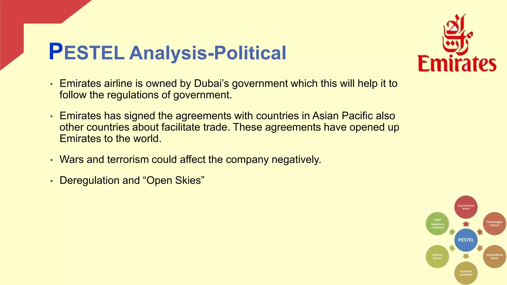• Emirates airline is owned by Dubai’s government which this will help it to
follow the regulations of government.
• Emirates has signed the agreements with countries in Asian Pacific also
other countries about facilitate trade. These agreements have opened up
Emirates to the world.
• Wars and terrorism could affect the company negatively.
• Deregulation and “Open Skies”
PESTEL Analysis-Political
 