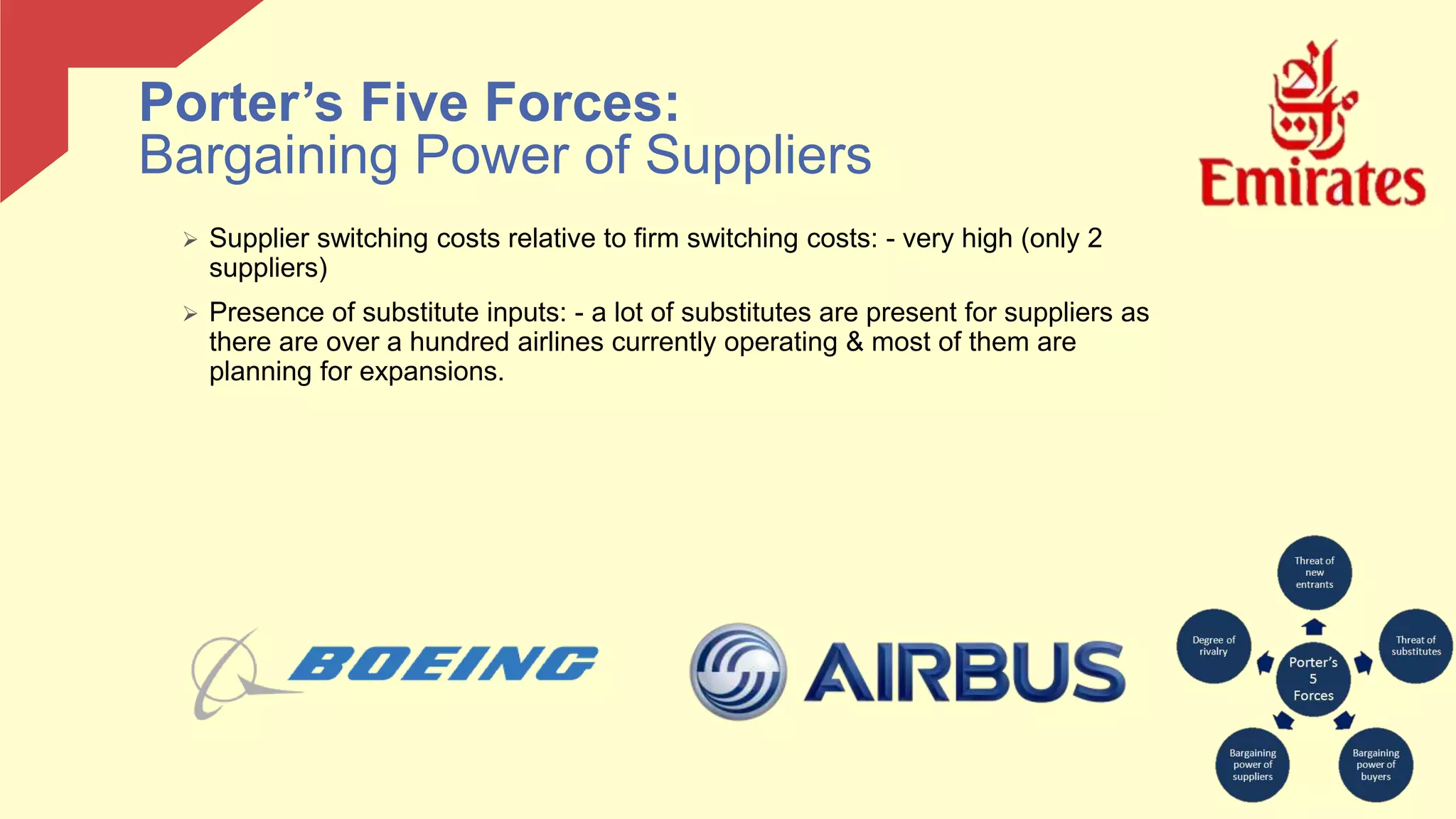  Supplier switching costs relative to firm switching costs: - very high (only 2
suppliers)
 Presence of substitute inputs: - a lot of substitutes are present for suppliers as
there are over a hundred airlines currently operating & most of them are
planning for expansions.
Porter’s Five Forces:
Bargaining Power of Suppliers
 