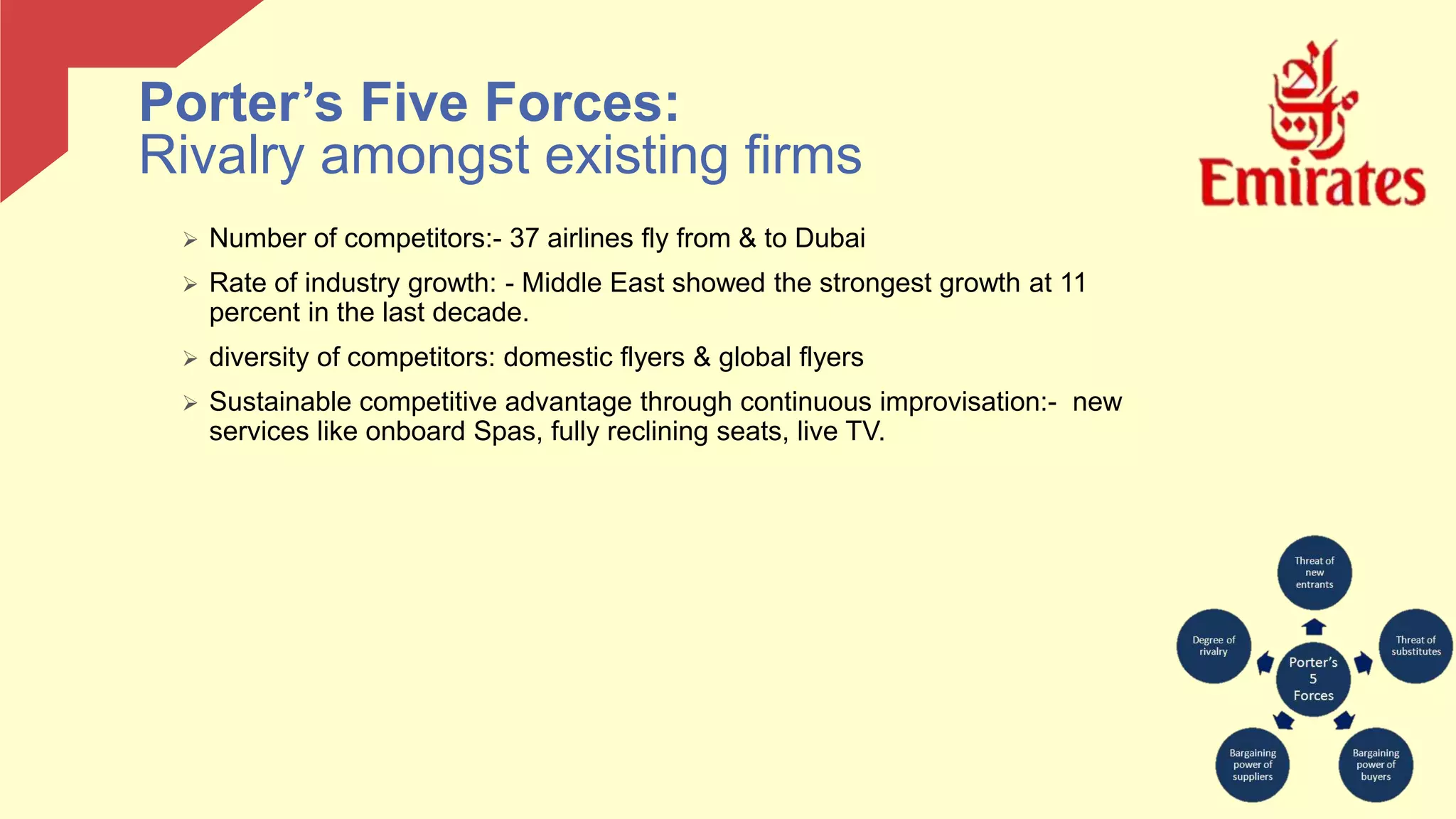  Number of competitors:- 37 airlines fly from & to Dubai
 Rate of industry growth: - Middle East showed the strongest growth at 11
percent in the last decade.
 diversity of competitors: domestic flyers & global flyers
 Sustainable competitive advantage through continuous improvisation:- new
services like onboard Spas, fully reclining seats, live TV.
Porter’s Five Forces:
Rivalry amongst existing firms
 