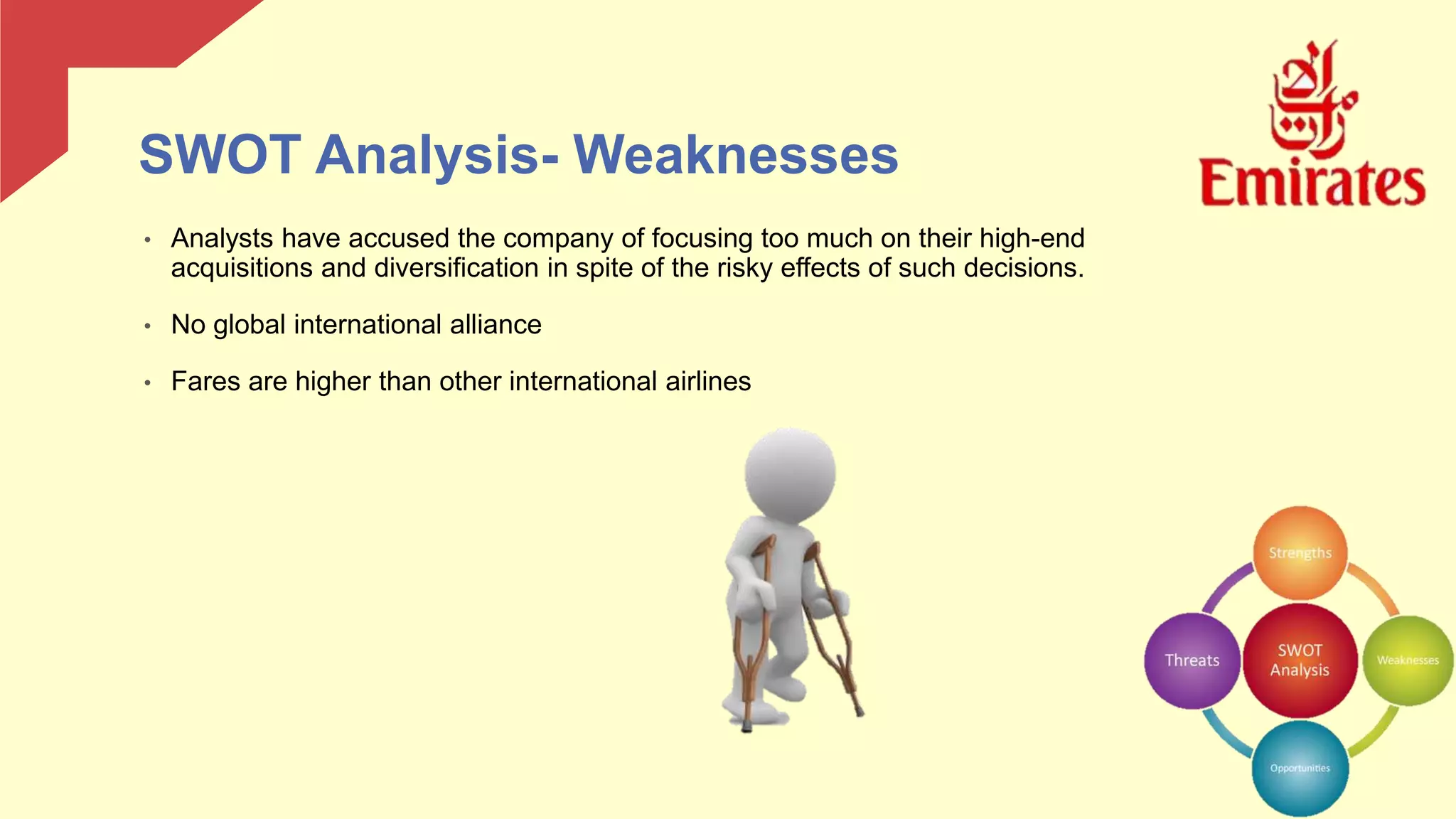 SWOT Analysis- Weaknesses
• Analysts have accused the company of focusing too much on their high-end
acquisitions and diversification in spite of the risky effects of such decisions.
• No global international alliance
• Fares are higher than other international airlines
 
