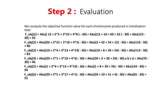 We compute the objective function value for each chromosome produced in initialization
step:
F_obj[1] = Abs(( 12 + 2*5 + 3*23 + 4*8 ) - 30) = Abs((12 + 10 + 69 + 32 ) - 30) = Abs(123 -
30) = 93
F_obj[2] = Abs((02 + 2*21 + 3*18 + 4*3) - 30) = Abs((2 + 42 + 54 + 12) - 30) = Abs(110 - 30)
= 80
F_obj[3] = Abs((10 + 2*4 + 3*13 + 4*14) - 30) = Abs((10 + 8 + 39 + 56) - 30) = Abs(113 - 30)
= 83
F_obj[4] = Abs((20 + 2*1 + 3*10 + 4*6) - 30) = Abs((20 + 2 + 30 + 24) - 30) a b c d = Abs(76 -
30) = 46
F_obj[5] = Abs((1 + 2*4 + 3*13 + 4*19) - 30) = Abs((1 + 8 + 39 + 76) - 30) = Abs(124 - 30) =
94
F_obj[6] = Abs((20 + 2*5 + 3*17 + 4*1) - 30) = Abs((20 + 10 + 51 + 4) - 30) = Abs(85 - 30) =
55
Step 2 : Evaluation
 