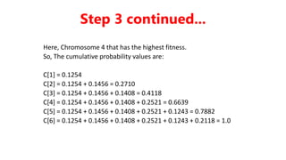 Here, Chromosome 4 that has the highest fitness.
So, The cumulative probability values are:
C[1] = 0.1254
C[2] = 0.1254 + 0.1456 = 0.2710
C[3] = 0.1254 + 0.1456 + 0.1408 = 0.4118
C[4] = 0.1254 + 0.1456 + 0.1408 + 0.2521 = 0.6639
C[5] = 0.1254 + 0.1456 + 0.1408 + 0.2521 + 0.1243 = 0.7882
C[6] = 0.1254 + 0.1456 + 0.1408 + 0.2521 + 0.1243 + 0.2118 = 1.0
Step 3 continued...
 
