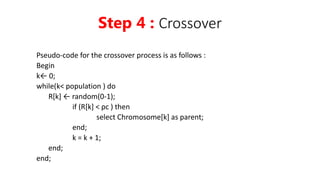 Pseudo-code for the crossover process is as follows :
Begin
k← 0;
while(k< population ) do
R[k] ← random(0-1);
if (R[k] < ρc ) then
select Chromosome[k] as parent;
end;
k = k + 1;
end;
end;
Step 4 : Crossover
 