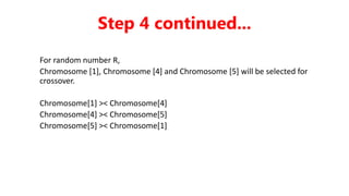 For random number R,
Chromosome [1], Chromosome [4] and Chromosome [5] will be selected for
crossover.
Chromosome[1] >< Chromosome[4]
Chromosome[4] >< Chromosome[5]
Chromosome[5] >< Chromosome[1]
Step 4 continued...
 