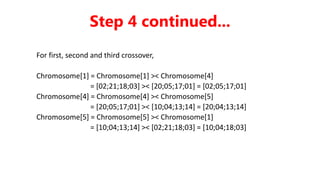 For first, second and third crossover,
Chromosome[1] = Chromosome[1] >< Chromosome[4]
= [02;21;18;03] >< [20;05;17;01] = [02;05;17;01]
Chromosome[4] = Chromosome[4] >< Chromosome[5]
= [20;05;17;01] >< [10;04;13;14] = [20;04;13;14]
Chromosome[5] = Chromosome[5] >< Chromosome[1]
= [10;04;13;14] >< [02;21;18;03] = [10;04;18;03]
Step 4 continued...
 