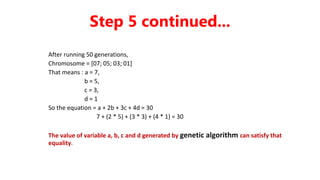 After running 50 generations,
Chromosome = [07; 05; 03; 01]
That means : a = 7,
b = 5,
c = 3,
d = 1
So the equation = a + 2b + 3c + 4d = 30
7 + (2 * 5) + (3 * 3) + (4 * 1) = 30
The value of variable a, b, c and d generated by genetic algorithm can satisfy that
equality.
Step 5 continued...
 