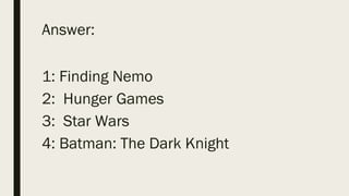 Answer:
1: Finding Nemo
2: Hunger Games
3: Star Wars
4: Batman: The Dark Knight
 