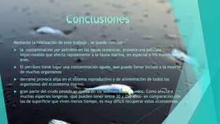 Mediante la realización de este trabajo , se puede concluir :
 la contaminación por petróleo en las aguas oceánicas, provoca una película
impermeable que afecta rápidamente a la fauna marina, en especial a los mamíferos y
aves.
 El petróleo tiene lugar una contaminación aguda, que puede llevar incluso a la muerte
de muchos organismos
 derrame provoca años en el sistema reproductivo y de alimentación de todos los
organismos del ecosistema marino.
 gran parte del crudo pesado se queda en los sedimentos profundos. Como afecta a
muchas especies longevas –que pueden tener entre 30 y 250 años- en comparación con
las de superficie que viven menos tiempo, es muy difícil recuperar estos ecosistemas.
 