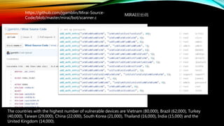 https://github.com/jgamblin/Mirai-Source-
Code/blob/master/mirai/bot/scanner.c
MIRAI原始碼
The countries with the highest number of vulnerable devices are Vietnam (80,000), Brazil (62,000), Turkey
(40,000), Taiwan (29,000), China (22,000), South Korea (21,000), Thailand (16,000), India (15,000) and the
United Kingdom (14,000).
 