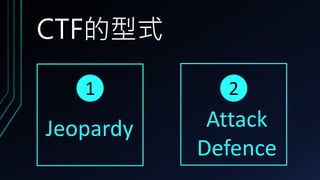CTF的型式
1 2
Jeopardy Attack
Defence
 