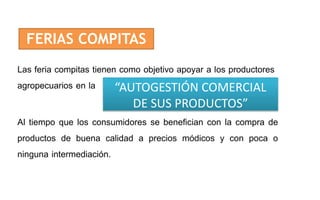 “AUTOGESTIÓN COMERCIAL
DE SUS PRODUCTOS”
FERIAS COMPITAS
Las feria compitas tienen como objetivo apoyar a los productores
agropecuarios en la
Al tiempo que los consumidores se benefician con la compra de
productos de buena calidad a precios módicos y con poca o
ninguna intermediación.
 