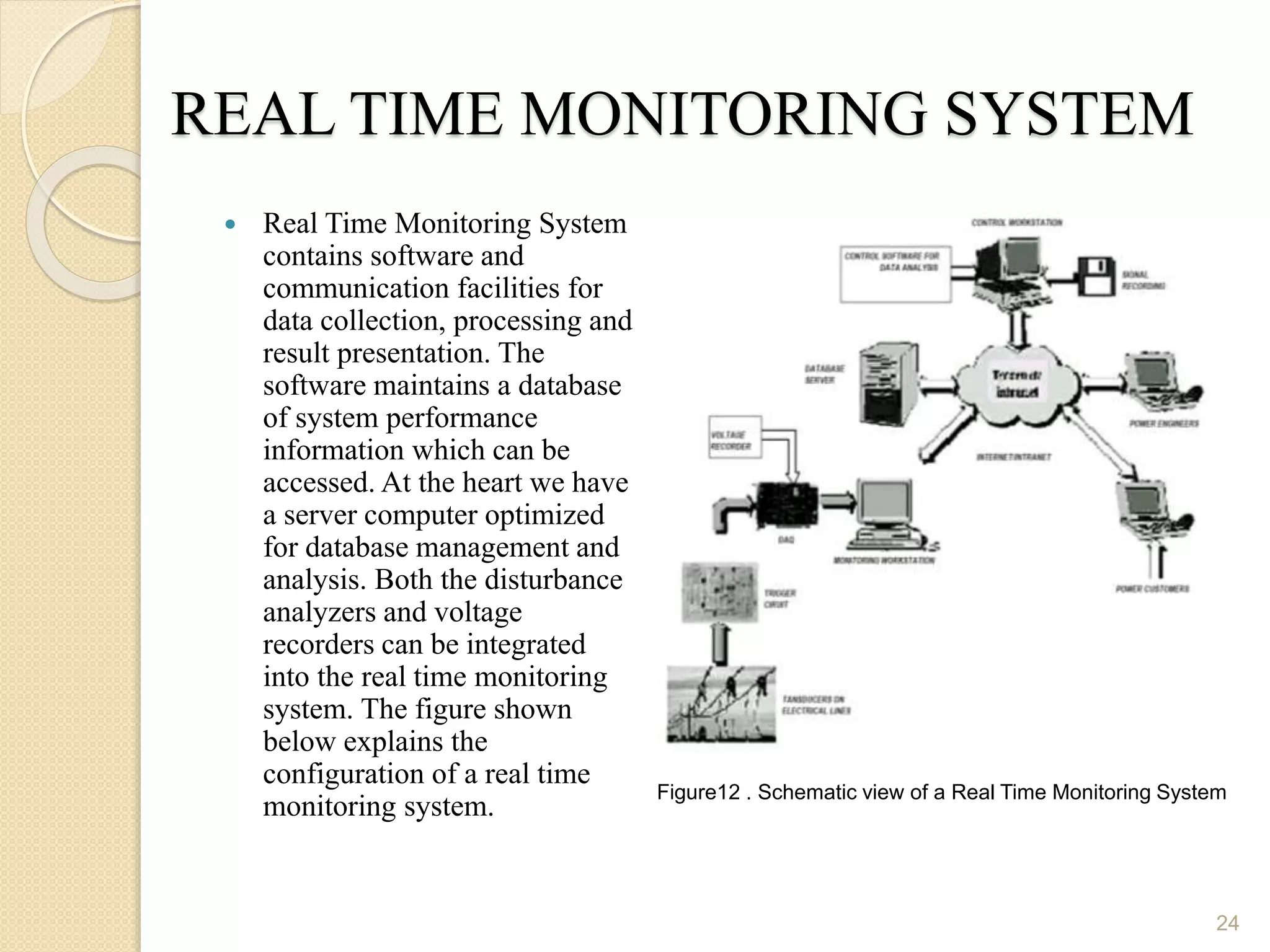 24
REAL TIME MONITORING SYSTEM
 Real Time Monitoring System
contains software and
communication facilities for
data collection, processing and
result presentation. The
software maintains a database
of system performance
information which can be
accessed. At the heart we have
a server computer optimized
for database management and
analysis. Both the disturbance
analyzers and voltage
recorders can be integrated
into the real time monitoring
system. The figure shown
below explains the
configuration of a real time
monitoring system.
Figure12 . Schematic view of a Real Time Monitoring System
 