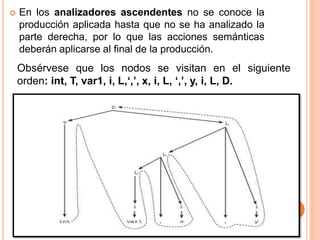  En los analizadores ascendentes no se conoce la
producción aplicada hasta que no se ha analizado la
parte derecha, por lo que las acciones semánticas
deberán aplicarse al final de la producción.
Obsérvese que los nodos se visitan en el siguiente
orden: int, T, var1, i, L,‘,’, x, i, L, ‘,’, y, i, L, D.
 