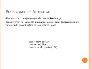 ECUACIONES DE ATRIBUTOS
Ahora veremos un ejemplo para la cadena 𝒇𝒍𝒐𝒂𝒕 𝒙, 𝒚;
Consideremos la siguiente gramática simple para declaraciones de
variables de tipo int y float en una sintaxis tipo C:
𝑑𝑒𝑐𝑙 → 𝑡𝑦𝑝𝑒 𝑣𝑎𝑟L𝑖𝑠𝑡;
𝑡𝑦𝑝𝑒 → 𝒊𝒏𝒕 | 𝒇𝒍𝒐𝒂𝒕
𝑣𝑎𝑟𝐿𝑖𝑠𝑡 → 𝒊𝒅, (𝑣𝑎𝑟𝐿𝑖𝑠𝑡 | 𝒊𝒅)
 