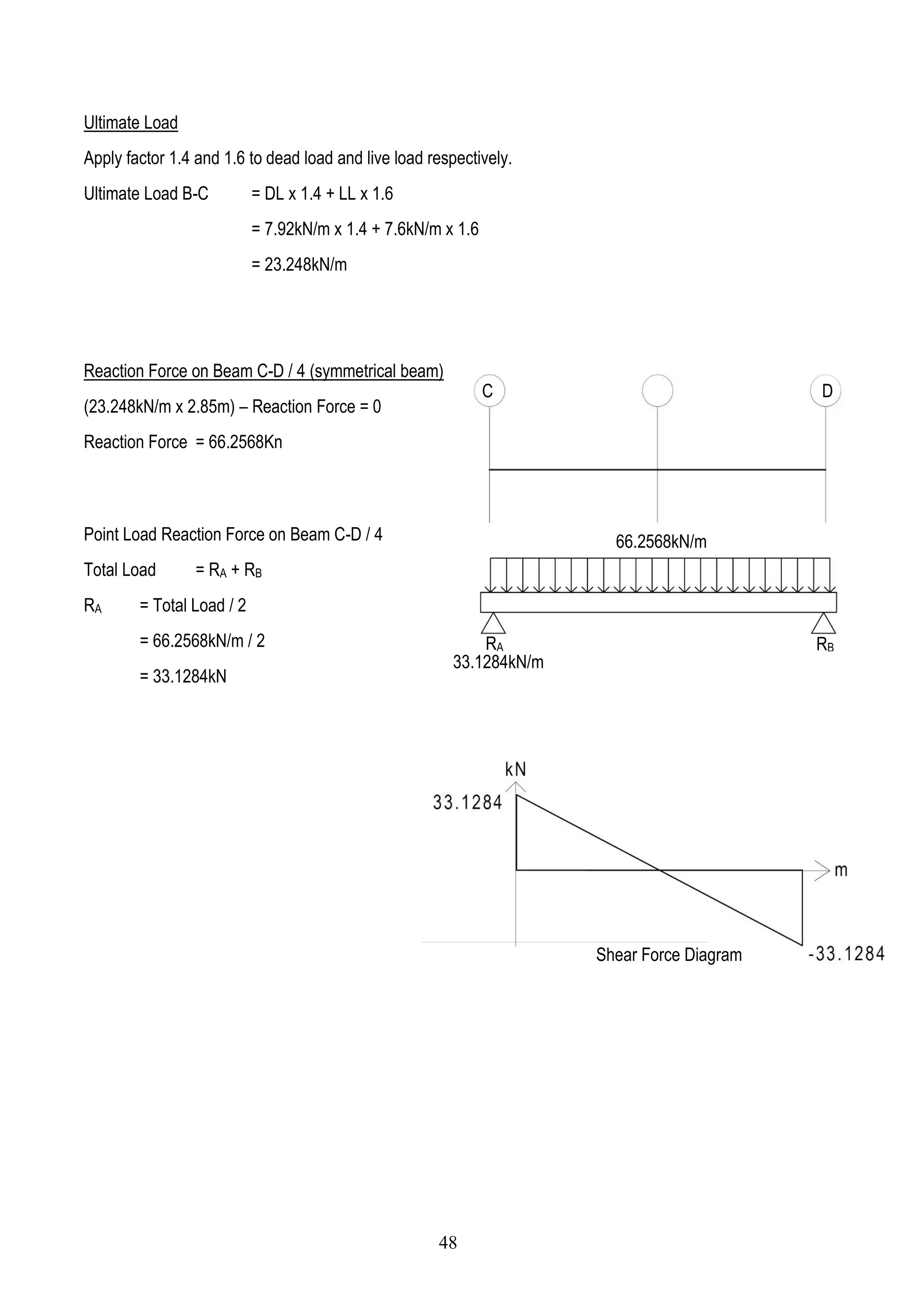 Ultimate Load
Apply factor 1.4 and 1.6 to dead load and live load respectively.
Ultimate Load B-C = DL x 1.4 + LL x 1.6
= 7.92kN/m x 1.4 + 7.6kN/m x 1.6
= 23.248kN/m
Reaction Force on Beam C-D / 4 (symmetrical beam)
(23.248kN/m x 2.85m) – Reaction Force = 0
Reaction Force = 66.2568Kn
Point Load Reaction Force on Beam C-D / 4
Total Load = RA + RB
RA = Total Load / 2
= 66.2568kN/m / 2
= 33.1284kN
RA RB
66.2568kN/m
C D
33.1284kN/m
Shear Force Diagram
48
 