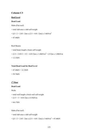 Column C3
Roof Level
Dead Load
Slabs (Flat roof)
= total slab area x slab self-weight
= [(3 / 2 + 2.85 / 2)m x (2.5 + 4.01 /2)m] x 3.6kN/m2
= 47.44kN
Roof Beams
= total beam length x beam self-weight
= (2.5 + 2.85/2 + 3/2 + 4.01/2)m x 1.44kN/m2
+ (3/2)m x 1.08kN/m
= 12.32kN
Total Dead Load for Roof Level
= 47.44kN + 12.32kN
= 59.76kN
1st
Floor
Dead Load
Walls
= total wall length x brick wall self-weight
= (2.5 + 3 + 4.01/2)m x 8.55kN/m
= 64.17kN
Slabs (Flat roof)
= total slab area x slab self-weight
= [(3 / 2 + 2.85 / 2)m x (2.5 + 4.01 /2)m] x 3.6kN/m2
= 47.44kN
125
 