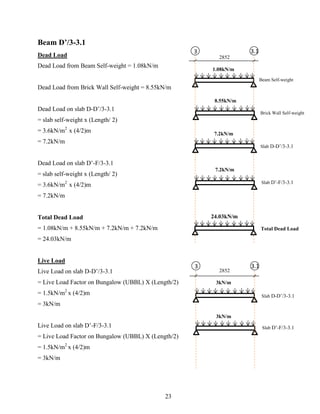 Beam D’/3-3.1
Dead Load
Dead Load from Beam Self-weight = 1.08kN/m
Dead Load from Brick Wall Self-weight = 8.55kN/m
Dead Load on slab D-D’/3-3.1
= slab self-weight x (Length/ 2)
= 3.6kN/m2
x (4/2)m
= 7.2kN/m
Dead Load on slab D’-F/3-3.1
= slab self-weight x (Length/ 2)
= 3.6kN/m2
x (4/2)m
= 7.2kN/m
Total Dead Load
= 1.08kN/m + 8.55kN/m + 7.2kN/m + 7.2kN/m
= 24.03kN/m
Live Load
Live Load on slab D-D’/3-3.1
= Live Load Factor on Bungalow (UBBL) X (Length/2)
= 1.5kN/m2
x (4/2)m
= 3kN/m
Live Load on slab D’-F/3-3.1
= Live Load Factor on Bungalow (UBBL) X (Length/2)
= 1.5kN/m2
x (4/2)m
= 3kN/m
F3 3.1
1.08kN/m
8.55kN/m
7.2kN/m
24.03kN/m
2852
Beam Self-weight
Slab D’-F/3-3.1
Total Dead Load
F3
3kN/m
2852
Slab D-D’/3-3.1
Slab D’-F/3-3.1
3kN/m
7.2kN/m
Slab D-D’/3-3.1
Brick Wall Self-weight
3.1
23
 