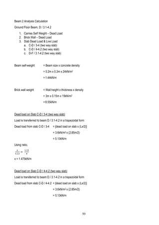 Beam 2 Analysis Calculation
Ground Floor Beam, D / 3.1-4.2
1. Carries Self Weight – Dead Load
2. Brick Wall – Dead Load
3. Slab Dead Load & Live Load
a. C-D / 3-4 (two way slab)
b. C-D / 4-4.2 (two way slab)
c. D-F / 3.1-4.2 (two way slab)
Beam self-weight = Beam size x concrete density
= 0.2m x 0.3m x 24kN/m2
= 1.44kN/m
Brick wall weight = Wall height x thickness x density
= 3m x 0.15m x 19kN/m2
= 8.55kN/m
Dead load on Slab C-D / 3-4 (two way slab)
Load is transferred to beam D / 3.1-4.2 in a trapezoidal form
Dead load from slab C-D / 3-4 = [dead load on slab x (Lx/2)]
= 3.6kN/m2 x (2.85m/2)
= 5.13kN/m
Using ratio,
𝑥
5.13
=
1.15
4
x = 1.475kN/m
Dead load on Slab C-D / 4-4.2 (two way slab)
Load is transferred to beam D / 3.1-4.2 in a trapezoidal form
Dead load from slab C-D / 4-4.2 = [dead load on slab x (Lx/2)]
= 3.6kN/m2 x (2.85m/2)
= 5.13kN/m
50
 