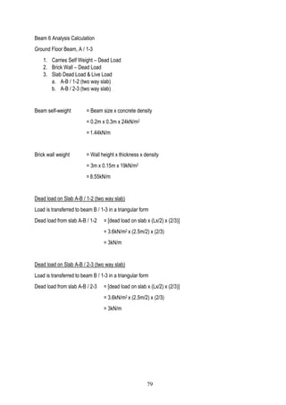 Beam 6 Analysis Calculation
Ground Floor Beam, A / 1-3
1. Carries Self Weight – Dead Load
2. Brick Wall – Dead Load
3. Slab Dead Load & Live Load
a. A-B / 1-2 (two way slab)
b. A-B / 2-3 (two way slab)
Beam self-weight = Beam size x concrete density
= 0.2m x 0.3m x 24kN/m2
= 1.44kN/m
Brick wall weight = Wall height x thickness x density
= 3m x 0.15m x 19kN/m2
= 8.55kN/m
Dead load on Slab A-B / 1-2 (two way slab)
Load is transferred to beam B / 1-3 in a triangular form
Dead load from slab A-B / 1-2 = [dead load on slab x (Lx/2) x (2/3)]
= 3.6kN/m2 x (2.5m/2) x (2/3)
= 3kN/m
Dead load on Slab A-B / 2-3 (two way slab)
Load is transferred to beam B / 1-3 in a triangular form
Dead load from slab A-B / 2-3 = [dead load on slab x (Lx/2) x (2/3)]
= 3.6kN/m2 x (2.5m/2) x (2/3)
= 3kN/m
79
 