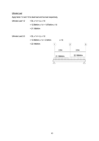 Ultimate Load
Apply factor 1.4 and 1.6 to dead load and live load respectively.
Ultimate Load 1-2 = DL x 1.4 + LL x 1.6
= 12.99kN/m x 1.4 + 1.875kN/m x 1.6
= 21.186kN/m
Ultimate Load 2-3 = DL x 1.4 + LL x 1.6
= 12.99kN/m x 1.4 + 2.5kN/m x 1.6
= 22.186kN/m 1 32
2.5m 2.5m
21.186kN/m 22.186kN/m
83
 