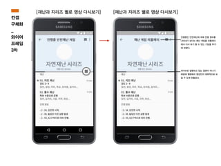 [재난과 지리즈 별로 영상 다시보기]
라이브로 실행되고 있는 장면이 아니기
때문에 몇분짜리 영상인지 대략적으로 보
일 수 있게 만들었다.
진행중인 안전재난에 대해 진행 정도를
나타내기 보다는 재난 게임을 리플레이
해서 다시 보기 할 수 있는 기능을 추가
해 버렸다.
[재난과 지리즈 별로 영상 다시보기]
컨셉
구체화
_
와이어
프레임
3차
 