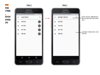 [메뉴] [메뉴]
순서를 없애서 데이터를 모아보는 기능에
집중 하였다.
즐겨찾기 데이터라는 이름을 붙임으로써
별표 모양의 클릭가능한 부분과 어울리게
되었다.
컨셉
구체화
_
와이어
프레임
3차
 
