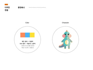 Color Character
메인 컬러 - 다홍색
서브 컬러 - 하늘색, 노랑색
: 중채도의 파스텔톤 컬러로
귀엽고 친근한 느낌을 줌
디자인
컨셉
톤앤매너
 