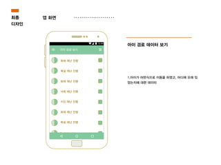 최종
디자인
앱 화면
아이 경로 데이터 보기
1.아이가 어떤식으로 이동을 하였고, 어디에 오래 있
었는지에 대한 데이터
화재 재난 진행
폭설 재난 진행
화재 재난 진행
낙뢰 재난 진행
지진 재난 진행
화재 재난 진행
폭설 재난 진행
 