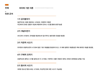 4세 경의 나이로써, 전개념을 형성하는데 일시적이고 불안정한 관념을 형성함
1기 감각동작기
2기 개념이전기
3기 직관적 사고기
피아제 기본 이론
4기 구체적 조작기
5기 형식적 사고기
일반적으로 2세에 해당되는 나이로써, 이때부터 아동은
자신에게 친숙한 경험의 대상에 제한하여 언어나 사고를 통해 표현가능함
유치원과 초등학교전의 시기로써 많은 기본 개념들을 형성하게 되고, 이 때에 잘못된 개념형성은 후에 왜곡된 개념을 형성함.
초등학교와 중학교 시기를 말하는데 이 시기에는 구체적인 사물이 뒷받친 해주는 한에서 문제해결 능력을 가짐
대부분 청소년기를 보내는 시기로써, 추상적인것에 대한 사고가 가능해짐
주제
_
타겟 근거
 