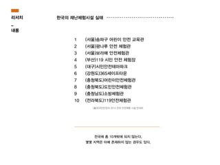 전국에 총 10개밖에 되지 않는다.
몇몇 지역은 아예 존재하지 않는 경우도 있다.
(서울)송파구 어린이 안전 교육관
(서울)광나루 안전 체험관
(서울)보라매 안전체험관
(부산)119 시민 안전 체험장
(대구)시민안전테마파크
(강원도)365세이프타운
(충청북도)어린이안전체험관
(충청북도)도민안전체험관
(충청남도)소방체험관
(전라북도)119안전체험관
리서치
_
내용
한국의 재난체험시설 실태
1
2
3
4
5
6
7
8
9
10
[출처]국민안전처 2014 전국 안전체험 시설 안내처
 